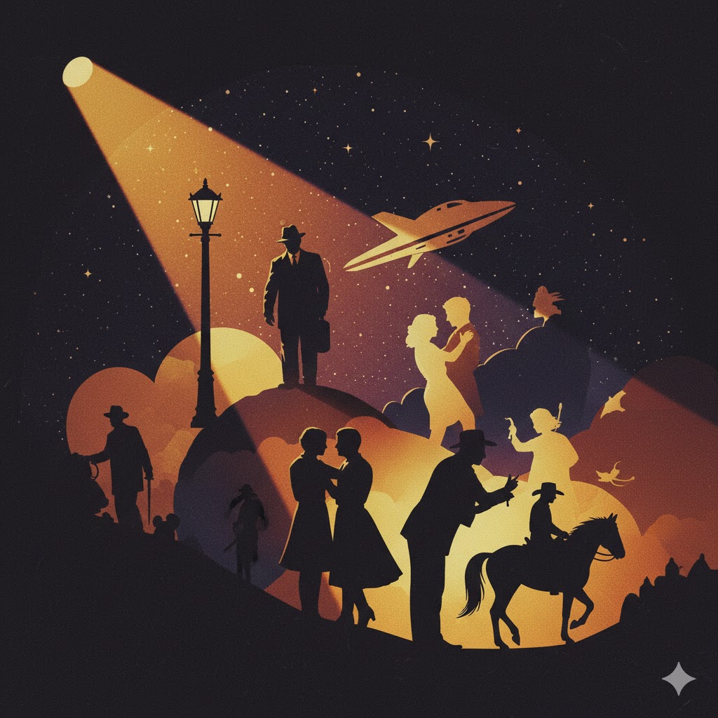 Cinematic collage of silhouettes and projector light